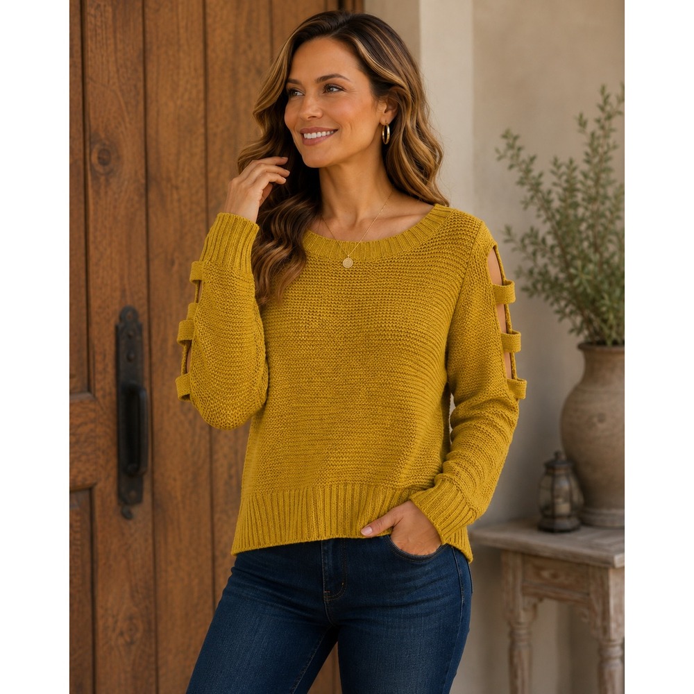 Serendipity by Victoria Sweater Top Womens M Mustard Yellow Cutout Sleeve Knit
